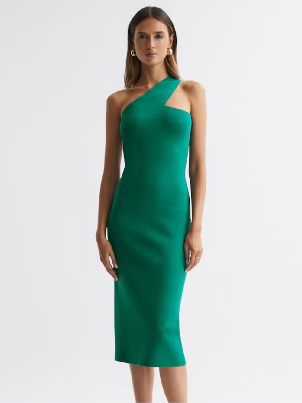 NWT Reiss Lola Knitted One Shoulder Bodycon Midi Dress in Green Size M